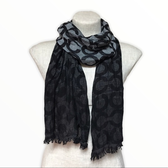 Coach Op Art Signature Ombré Stripe Oblong Scarf Black Gray Fringed 100% Viscose